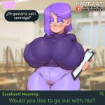 1girl 1girl asking_viewer blush cuddlecore date duolingo glasses half-closed_eyes huge_breasts lily purple_hair shy shy_gal spanish thick thick_ass thick_butt thick_hips thick_legs thick_thighs