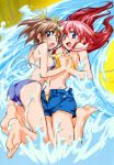  2girls blue_eyes blush breasts brown_hair feet hair_ribbon hayasaka_hiyori hentai holding_hand katase_yuki long_hair mizuiro multiple_girls purple_eyes red_hair ribbon short_hair sideboob soles water_slide waterslide 