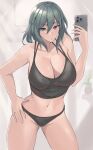 1girl 1girl 1girl alluring big_breasts black_panties blue_eyes byleth_(fire_emblem) byleth_(fire_emblem)_(female) calmgreentori cleavage english_text female_only fire_emblem fire_emblem:_three_houses hair_between_eyes hand_on_hip light-skinned_female light_skin mirror nintendo panties phone selfpic teal_hair text underwear