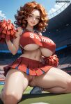 1girl 1girls ai_generated blue_eyes cheering cheerleader cheerleader_outfit cheerleader_uniform crop_top cupcakeattack curly_hair exposed_pussy freckles from_below holding_pom_poms huge_breasts kneel lifted_skirt looking_at_viewer miniskirt pom_poms red_hair short_hair slim_waist spread_legs tank_top under_boob wide_hips