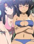 2_girls all_fours bare_arms bare_legs bare_shoulders big_breasts big_breasts bikini black_hair blue_bikini blue_swimsuit blush breasts cleavage closed_eyes closed_mouth crossed_arms dark-skinned_female dark_skin day demon_girl duo female_only hair_between_eyes hand_on_another's_shoulder interracial long_hair looking_at_another looking_at_viewer midriff momo_kyun_sword momoko_(momokyun) multiple_girls navel neck onihime_(momokyun) outside pink_bikini pink_swimsuit pointy_ears purple_eyes screencap serious sitting smile strapless strapless_bikini strapless_swimsuit sweatdrop swimsuit thick_thighs thighs yuri