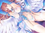 1girl alice_no_yakata_7 angel_wings blush breasts brown_hair corset elbow_gloves erect_nipples feathers garter_straps gloves hentai kuroda_akimi large_breasts legs long_hair midriff nemuro_reika panties purple_eyes see-through solo strap suspenders thighhighs thighs underwear white_legwear wings wings_of_rean