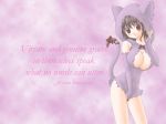 1girl animal_ears animal_hood blush bottomless breasts brown_eyes cat_hood cleavage cleavage_cutout elbow_gloves english gloves hentai hood ribbon solo tail tail_ribbon wallpaper