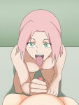 bathroom eye_contact fat_man green_eyes handjob hentai jerking_off naked_female naruto naruto_shippuden nude open_mouth pink_hair pov pov_eye_contact pov_handjob sakura_haruno small_penis stroking_penis tongue tongue_out