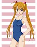 1girl ahoge aoyama_reo bell blue_eyes blush flat_chest green_eyes happy hentai heterochromia kagurazaka_asuna long_hair lowres mahou_sensei_negima mahou_sensei_negima! nikopondo one-piece_swimsuit orange_hair school_swimsuit small_breasts smile solo striped swimsuit very_long_hair