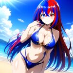 1girl alear_(female)_(fire_emblem) alear_(fire_emblem) alluring beach big_breasts bikini blue_sky cleavage fire_emblem fire_emblem_engage heterochromia long_hair nightcore_(artist) nintendo ocean pin_up red_and_blue_eyes red_and_blue_hair