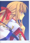  00s 1girl artbook blonde_hair blue_background di_gi_charat female_only hair_between_eyes hair_ribbon hairband highres kannazuki_no_miko kurusugawa_himeko long_hair mutou_kurihito nijigen_orgel_(artbook) profile purple_eyes ribbon scan shingo_(artist) shingo_(missing_link) side_view 