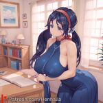 1girl big_breasts blue_eyes breasts dress henhalla miside mita_(miside) solo_female young younger_female