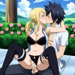 black_hair blonde_hair clothed_sex cumming_together gray_fullbuster kissing_while_penetrated lucy_heartfilia outdoor_sex penis_inside_pussy romantic_couple vaginal_sex