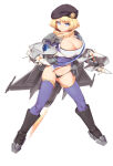 1girl 1girl absurd_res asymmetrical_bangs beret big_breasts blonde_hair blue_eyes blue_highlights boots breasts cleavage full_body greentree griffon_(last_origin) hat high_res last_origin looking_at_viewer rocket_launcher short_hair simple_background stockings weapon white_background