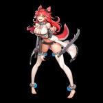 1girl 1girl 1girl animal_ears areola_bulge barefoot big_breasts breasts claw_pose cleavage extra_ears fangs female_only fenrir_(last_origin) full_body game_cg high_res kakiman last_origin long_hair looking_at_viewer microskirt navel no_bra no_panties official_art red_hair skirt solo_female stockings tachi-e tail thick_thighs toeless_legwear toes wolf_ears wolf_girl wolf_tail yellow_eyes