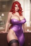 1girl ai_generated league_of_legends miss_fortune purple_dress red_hair