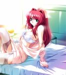 1girl bed blue_eyes bra cleavage garter_belt garter_straps gentle_sasaki hair_intakes hentai highres lingerie long_hair momoko-chan_for_me nurse ogasawara_momoko open_clothes open_shirt panties red_hair shirt skirt stockings strap_slip thighhighs underwear undressing white_bra