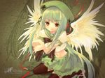  &gt;:) 1girl 4:3_aspect_ratio angel beret black_bow black_legwear black_thighhighs bow brown_eyes clothing feathered_wings feathers female female_only green_beret green_hair green_headwear green_skirt hair_ornament hairpin hat headwear jewelry kneeling legwear long_hair looking_at_viewer midriff navel noizi_ito pleated_skirt ribbon school_uniform serafuku shakugan_no_shana skirt smile solo thighhighs thighs uniform wallpaper white_feathers white_wings wings wrist_cuffs x_hair_ornament zettai_ryouiki 