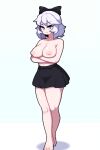 1girl bare_feet big_breasts black_bow black_skirt bow eriena_theolia erin_(pokemon) erin_(pokemon_rejuvenation) fan_character fangame_character feet grey_eyes nipples nude nude_female pokemon pokemon_fangame pokemon_rejuvenation smile tagme white_background white_hair