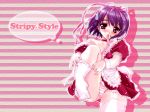 blush choker dress embarrassed feet frills hair_ribbon hentai lace-trimmed_panties leg_lift maid mouth_hold nekobus panchira_sit panties pantyshot pantyshot_(sitting) pantyshot_sitting pink_panties purple_eyes purple_hair ribbon shaa shadow short_hair sitting strap_slip striped striped_panties sweatdrop thighhighs underwear undressing wallpaper white_legwear white_thighhighs