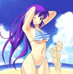  1boy 2_girls 2girls armpits arms_up beach bikini blue_stripes blush breasts cloud erect_nipples hentai highleg highleg_bikini highleg_swimsuit long_hair multiple_girls one_eye_closed purple_eyes purple_hair sikorsky string_bikini striped swimsuit underboob wink 