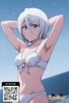 1girl 1girl 1girl ai_generated armpits arms_behind_head arms_up bikini bleach breasts clavicle cleavage closed_mouth clothing front-tie_bikini_top front-tie_top hair_between_eyes littlehentai looking_at_viewer medium_breasts navel purple_eyes rukia_kuchiki savitar savitar_(artist) short_hair sky small_breasts smile swimsuit white_bikini white_hair white_swimsuit