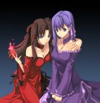 2girls aqua_eyes bare_shoulders big_breasts black_background black_hair blue_background blue_eyes breasts brown_hair choker cleavage clenched_hand clenched_hands collarbone dress embarrassed erect_nipples fate/hollow_ataraxia fate/stay_night fate/zero fate_(series) frilled_dress frilled_sleeves frills gown gradient gradient_background hair hair_between_eyes hair_ribbon hand_on_another's_shoulder hand_on_shoulder high_res highres hug hugging large_breasts long_hair long_sleeves looking_at_viewer magic matou_sakura multiple_girls naughty_face neck off-shoulder_dress parted_lips purple_dress purple_eyes purple_hair red_dress ribbon rin_tohsaka shingo_(artist) shingo_(missing_link) shiny shiny_skin siblings sisters sitting smile strapless strapless_dress tohsaka_rin toosaka_rin twintails two_side_up type-moon v_arms wide_sleeves