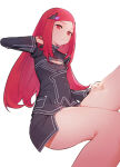 1girl 1girl 2d bad_id bad_pixiv_id black_dress cleavage_cutout clothing_cutout dress eyebrows_hidden_by_hair hand_in_own_hair hand_on_thigh high_res last_origin long_hair looking_at_viewer neon.p night_angel_(last_origin) red_eyes red_hair simple_background small_breasts solo_female swept_bangs thick_thighs thigh_focus thighs white_background