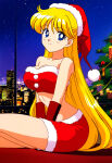 1girl 1girl accurate_art_style alluring bishoujo_senshi_sailor_moon blonde_hair blue_eyes christmas christmas_outfit long_hair medium_breasts minako_aino nightcore_(artist) pin_up sailor_venus santa_costume santa_hat