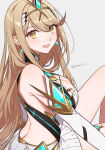 1girl 1girl :d alluring bare_shoulders big_breasts blonde_hair blush butt_crack cleavage commentary earrings grey_background high_res jewelry knee_up long_hair looking_at_viewer mythra mythra_(xenoblade) open_mouth peach11_01 shamu_(peach11_01) simple_background sitting smile thighs very_long_hair xenoblade_(series) xenoblade_chronicles_2 yellow_eyes