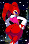 1girl 2017 ass ass_focus big_ass blue_eyes bodysuit bubble_butt christmas christmas_outfit dat_ass eyebrow_raise female_focus hands_on_hips high_res jester looking_at_viewer looking_back nights nights_into_dreams red_bodysuit royaloppai sega smirk teasing thick_thighs upscaled wide_hips