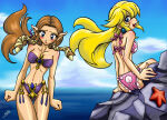 beach bent_wrist bikini blonde_hair long_hair mario_(series) mauroz nintendo princess_peach princess_zelda rocks shy the_legend_of_zelda the_legend_of_zelda:_twilight_princess