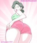 1girl 1girls 2024 asian_female ass ass bedroom_eyes big_ass big_ass black_hair chickpea digital_drawing_(artwork) earrings eyeshadow female_only huge_ass huge_ass looking_back looking_down looking_over_shoulder milf ming_lee mole mole_under_eye pink_background sfw short_shorts simple_background smile turning_red wedding_ring