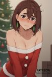 1female 1girl ayase_momo bare_shoulders blush brown_eyes christmas christmas_outfit dandadan earrings indoors looking_at_viewer medium_breasts shy