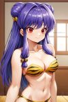 1girl ai_generated bikini breasts double_bun female_focus long_hair lum_(cosplay) navel purple_hair ranma_1/2 red_eyes shampoo_(ranma_1/2) tiger_print urusei_yatsura