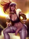 1futa 1girl akali bra bracelet breasts brunette cap caucasian cleavage coat dickgirl exposed_penis futanari hat k/da_akali league_of_legends looking_at_viewer necklace pants penis personalami standing