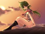  boots brown_eyes elf green_hair hentai long_hair original panties pantyshot pointy_ears sitting sunset takepon underwear 