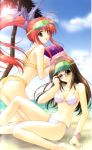 2girls absurdres ass ball beach beachball bikini bracelet breasts brown_hair cleavage cloud day glasses hair_ribbon highres jewelry key kimizuka_aoi kneeling lens_flare long_hair looking_back medium_breasts multiple_girls one_eye_closed orange_eyes outdoors palm_tree pink_hair polka_dot polka_dot_bikini polka_dot_swimsuit ponytail ribbon scan sitting sky smile sun sunglasses swimsuit tree visor visor_cap white_bikini wristband