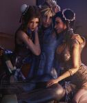 1_boy 2_girls aerith_gainsborough black_hair blonde_hair brown_hair chinese_dress cloud_strife crossdressing final_fantasy hugging ria-neearts tifa_lockhart