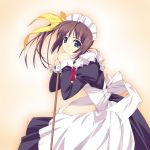 1girl apron aqua_eyes black_dress brown_hair closed_mouth dress f-ism highres juliet_sleeves light_smile long_sleeves maid maid_headdress murakami_suigun original puffy_sleeves sleeve_cuffs solo white_apron