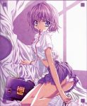 1girl ass bag bed_sheet blue_eyes breasts footwear glasses hentai highres kneeling lace-trimmed_panties looking_back loose_socks midriff mouth_hold no_bra open_clothes open_shirt original panties pantyshot pleated_skirt purple_hair ribbon scan school_bag school_uniform serafuku sheet_grab shirt short_hair skirt socks solo sugiyama_genshou underboob underwear undressing white_panties