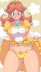 1girl blush bow bow_panties breasts brown_hair clothes_lift crown curvy dress earrings embarrassed flower_earrings gloves kihaiu lifting_own_clothes mario_(series) navel nintendo orange_dress panties plump presenting presenting_panties princess_daisy shirt_lift short_hair solo_female solo_focus super_smash_bros. sweat thighs underwear white_gloves yellow_panties