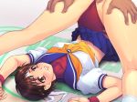  1boy 1girl arms_up ass ass_grab blush brown_eyes brown_hair buruma buruma_aside capcom censored clenched_teeth clothed_sex dark-skinned_male dark_penis flexible footwear headband interracial kasugano_sakura kneepits legs lying male/female midriff on_back orange_eyes panties panties_aside penis pleated_skirt pussy rape ribbon scared school_uniform serafuku sex skirt skirt_lift socks solo_focus spread_legs street_fighter teeth thighs top-down_bottom-up turtleneck underwear upskirt vaginal wristband yoko_juusuke 