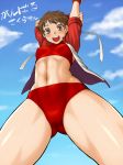 1girl abs bikini blush brown_hair capcom dr.p erect_nipples fingerless_gloves from_below gloves headband kasugano_sakura looking_at_viewer midriff navel open_mouth short_hair sleeveless sleeveless_turtleneck sleeves_rolled_up solo sports_bikini street_fighter street_fighter_zero swimsuit turtleneck