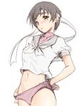  1girl black_hair blush brown_eyes brown_hair buruma capcom fesuta groin headband kasugano_sakura looking_at_viewer midriff mound_of_venus navel panties panty_pull partially_colored short_hair simple_background sketch solo street_fighter street_fighter_iv underwear white_background yellow_eyes 