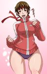 1girl brown_eyes brown_hair buruma butcha-u capcom eroquis headband hips kasugano_sakura short_hair solo street_fighter thick_thighs thighs track_suit wide_hips