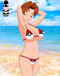 1_girl 1girl beach bikini breasts delia_ketchum female female_human hanako_(pokemon) human looking_at_viewer milf mostly_nude one_eye_closed outdoor outside pervyangel poke_ball_print pokemon printed_bikini standing swimsuit