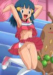 1girl :d arm armpits arms arms_up babe bare_arms bare_legs blue_eyes blue_hair blush breasts cheerleader cheerleader_outfit cheerleader_uniform clothed dawn dawn_(pokemon) footwear hair_ornament hairless_pussy happy hikari_(pokemon) legs long_hair lowres miniskirt navel nintendo no_panties open_mouth photoshop pink_skirt pokemoa pokemon pokemon_(anime) pokemon_(game) pokemon_dppt pom_poms pussy shirt_lift skirt skirt_lift sleeveless small_breasts smile soara socks sudowoodo thighs uncensored underboob upskirt