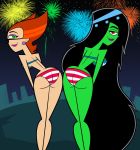 4th_of_july american_flag_bikini ass black_hair bracelet danny_phantom desiree earring fireworks ghost green_eyes green_skin hairband lipstick long_hair looking_back penelope_spectra print_bikini purple_lipstick purple_panties red_eyes red_hair short_hair smile