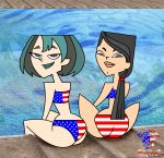 4th_of_july american_flag_bikini asian asian_female ass bigtyme bikini black_eyes black_hair breasts cartoon_network dyed_hair goth green_hair green_lipstick gwen_(tdi) heather_(tdi) hourglass_figure lipstick looking_back multicolored_hair navel pale-skinned_female ponytail pool print_bikini short_hair smile thick_ass thick_legs thick_thighs total_drama_island two_tone_hair usa