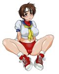 blush breasts buruma cameltoe capcom headband kasugano_sakura panties shoes sneakers street_fighter streetfighter underwear