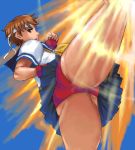 ass brown_eyes brown_hair buruma capcom headband kasugano_sakura kick kicking lowres matoyama oekaki school_uniform serafuku short_hair skirt street_fighter thighs