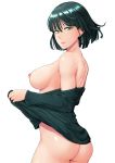 1girl ass bangs bare_shoulders black_hair blunt_bangs breasts dress dress_lift fubuki_(one-punch_man) green_eyes half-closed_eyes high_resolution in_profile lifted_by_self medium_breasts nipples no_bra nopan off_shoulder one-punch_man oshiza short_hair sideboob smile undressing