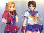 2girls 90s bad_id blonde_hair blue_sailor_collar brown_eyes brown_hair buruma capcom fingerless_gloves gloves hair_slicked_back headband kanzuki_karin karin_kanzuki kasugano_sakura midriff multiple_girls pantyshot sakura_kasugano school_uniform serafuku street_fighter street_fighter_zero street_fighter_zero_3 yoko_juusuke